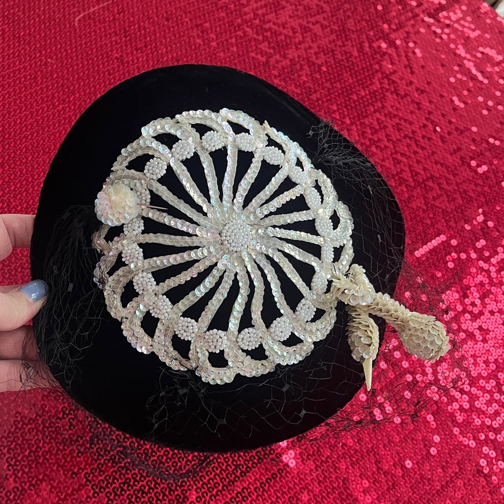 Vintage Black Hat with Cream Crochet Detail